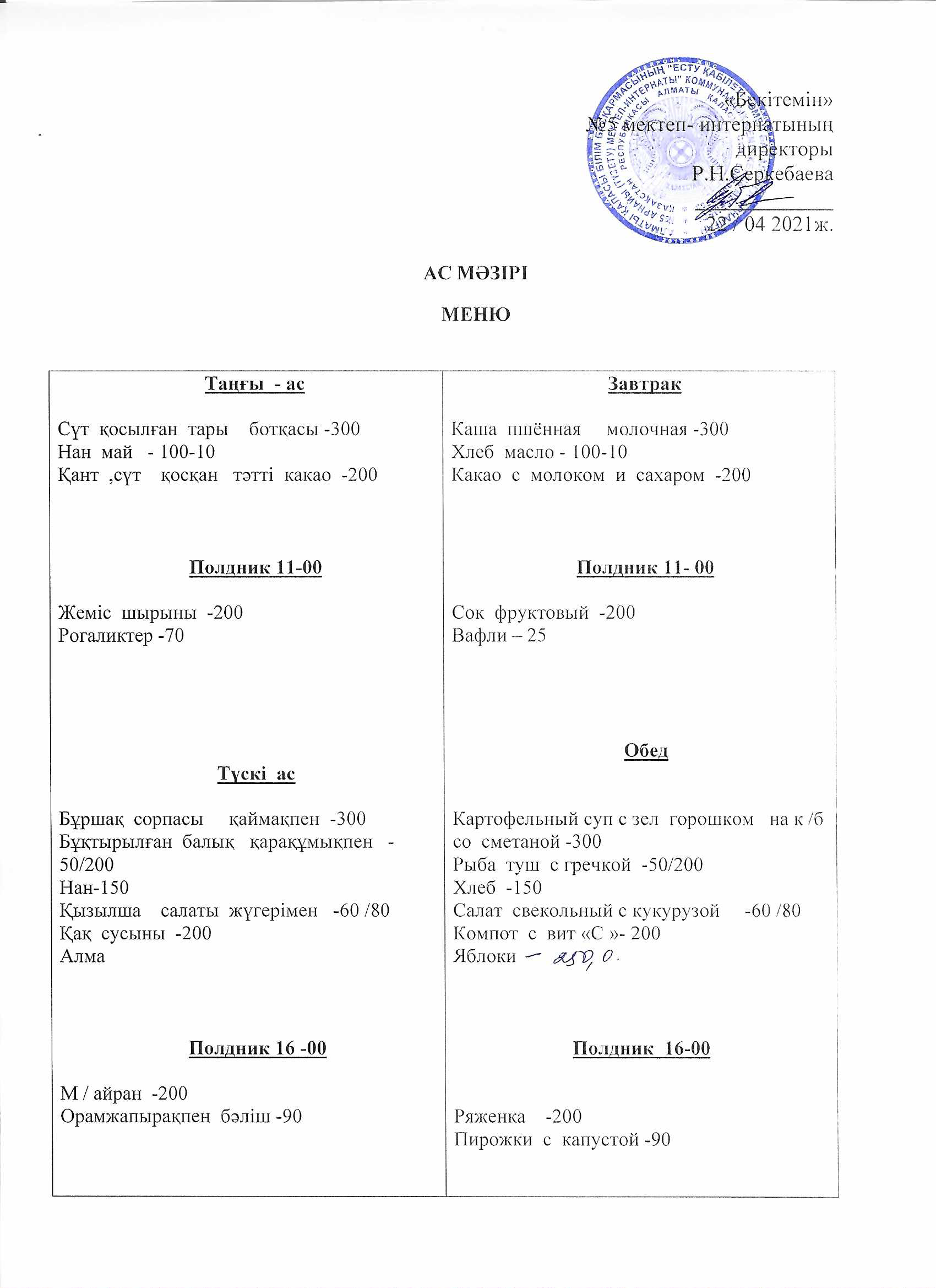 Ежедневное меню на 22.04.2021г.