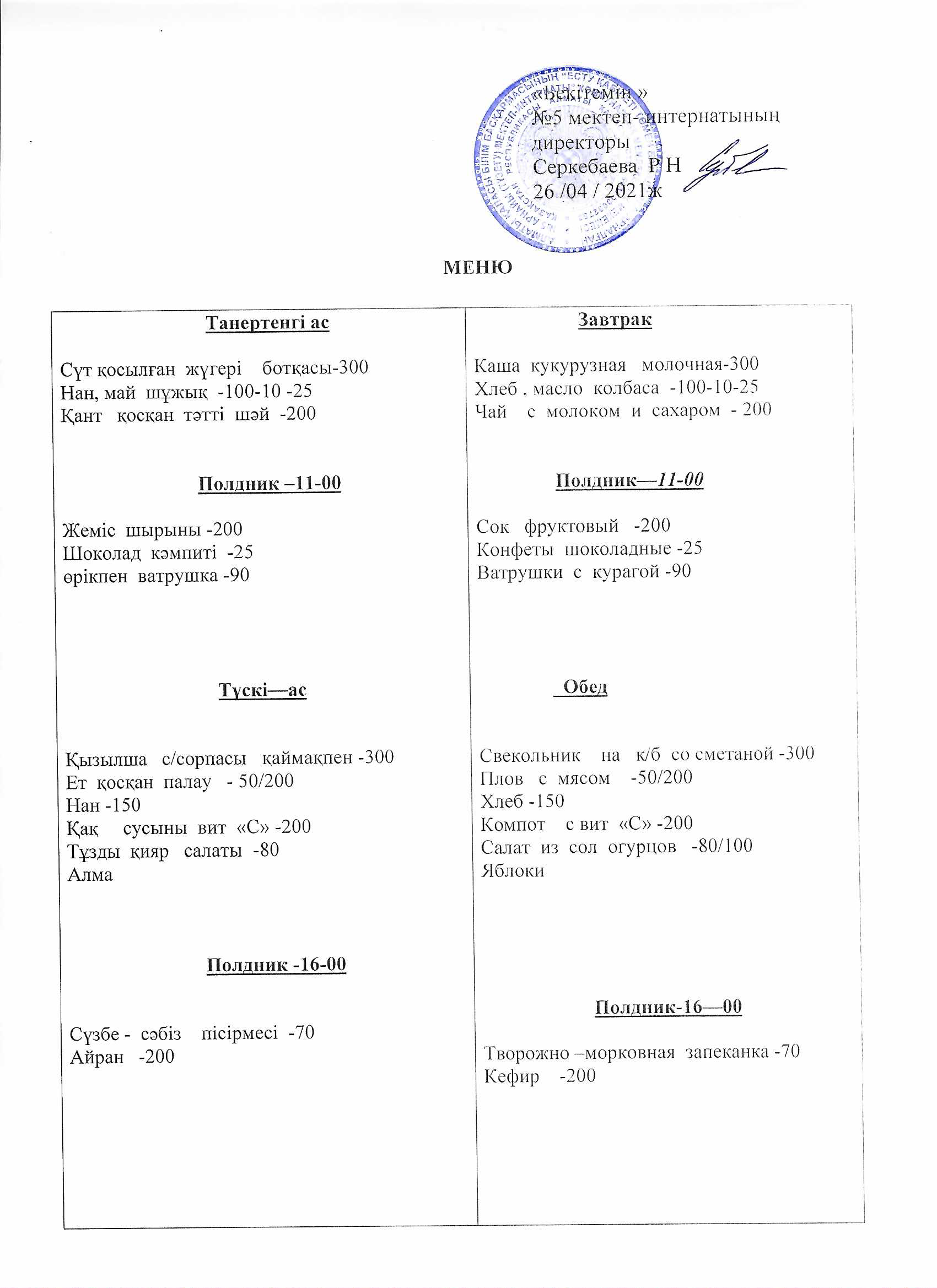 Ежедневное меню на 26.04.2021г.